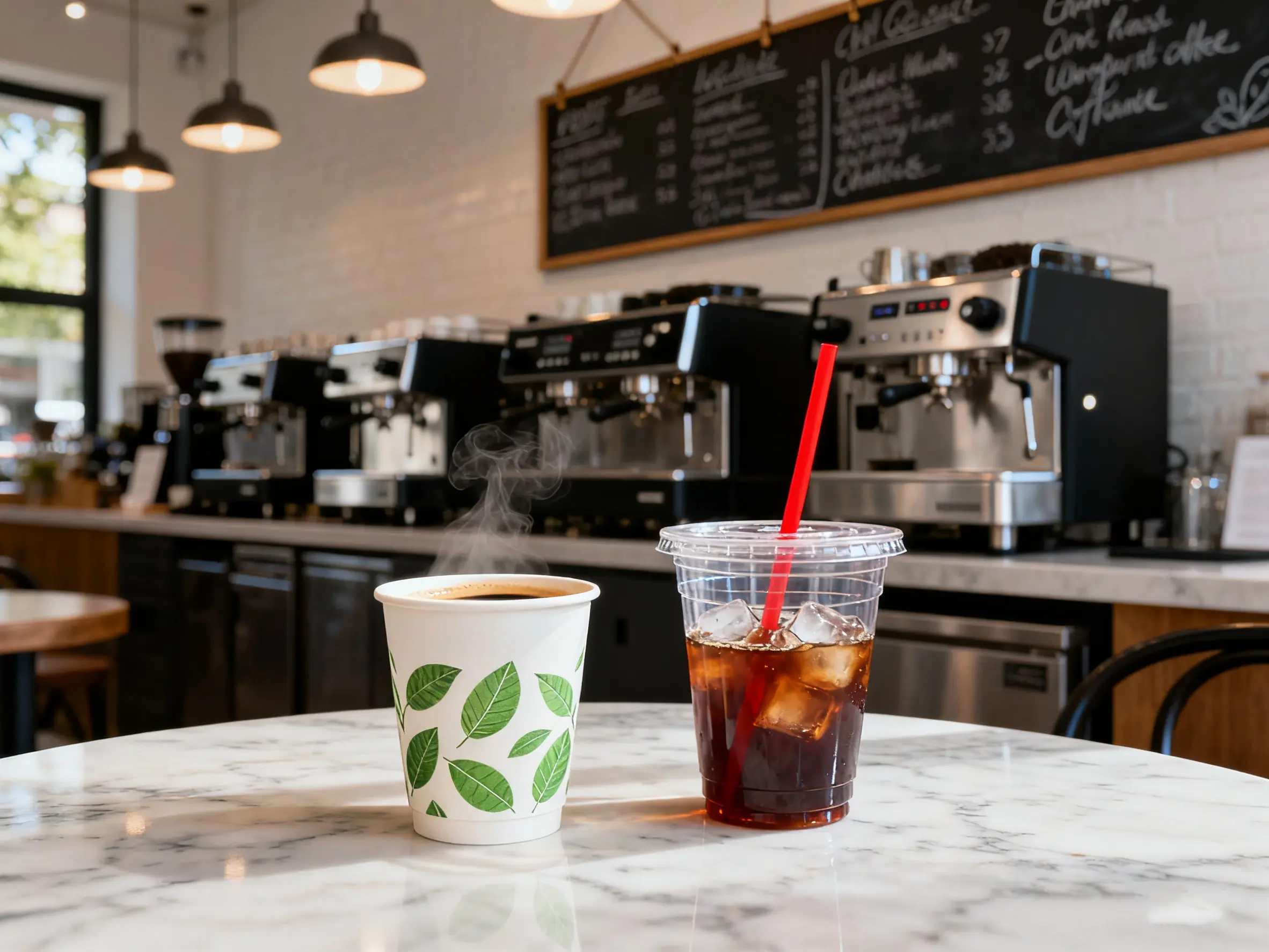 Disposable paper cups on green background